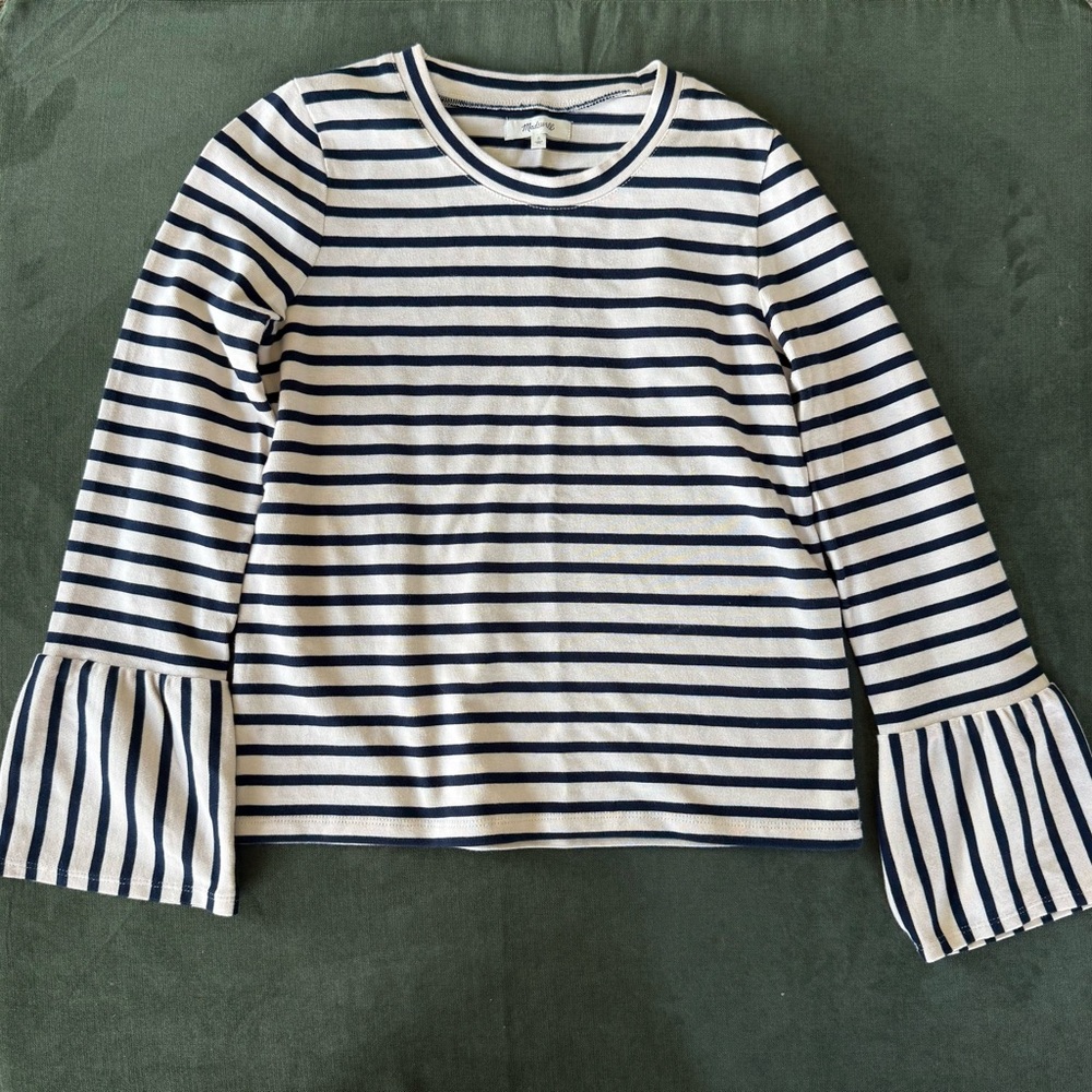 Madewell Womens S Striped Long Sleeve Top with Flared Cuffs 100% Cotton